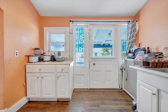 entryway with baseboards and dark wood-style flooring