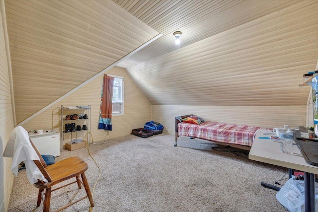 bedroom featuring carpet floors, wood ceiling, and vaulted ceiling