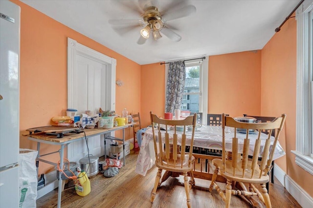 dining area featuring a ceiling fan and wood finished floors