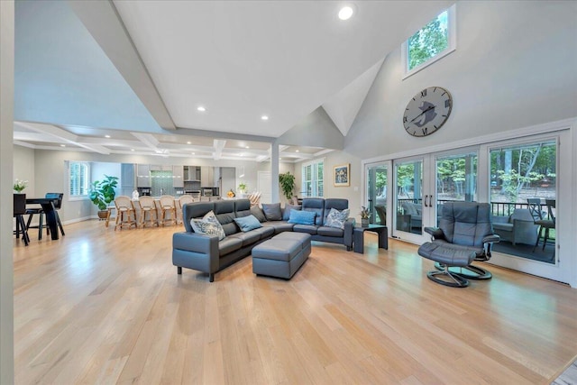400 Heather Ln, Huddleston, VA 24104 - living room featuring light wood finished floors, recessed lighting, baseboards, and a high ceiling