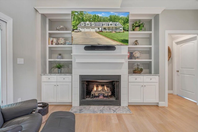 400 Heather Ln, Huddleston, VA 24104 - living area with light wood-style flooring, built in shelves, a fireplace with flush hearth, and baseboards