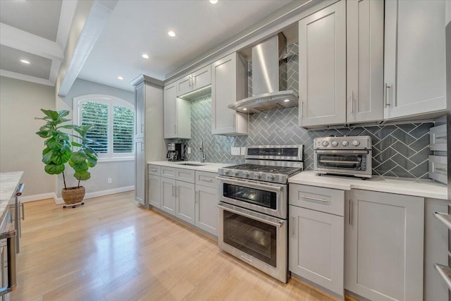 400 Heather Ln, Huddleston, VA 24104 - kitchen with wall chimney range hood, double oven range, gray cabinetry, a sink, and recessed lighting