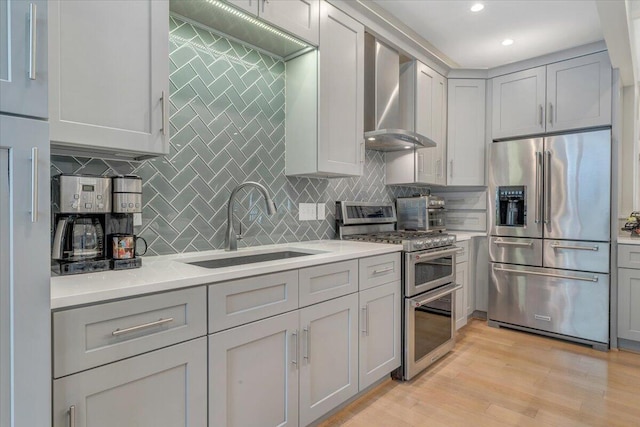 400 Heather Ln, Huddleston, VA 24104 - kitchen featuring stainless steel appliances, wall chimney exhaust hood, a sink, gray cabinetry, and light countertops