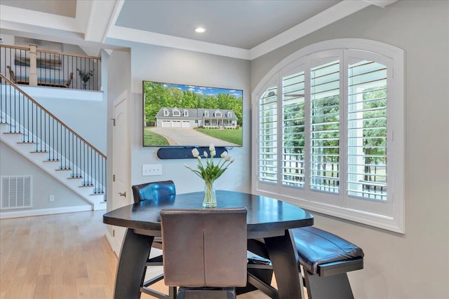 400 Heather Ln, Huddleston, VA 24104 - dining space featuring stairway, wood finished floors, recessed lighting, baseboards, and beam ceiling