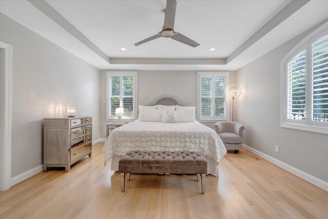 400 Heather Ln, Huddleston, VA 24104 - bedroom featuring multiple windows, light wood-style floors, baseboards, and a raised ceiling