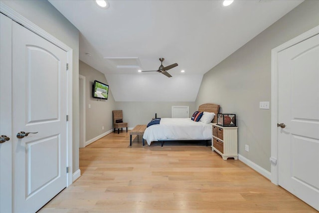 400 Heather Ln, Huddleston, VA 24104 - bedroom featuring baseboards, lofted ceiling, recessed lighting, light wood finished floors, and attic access