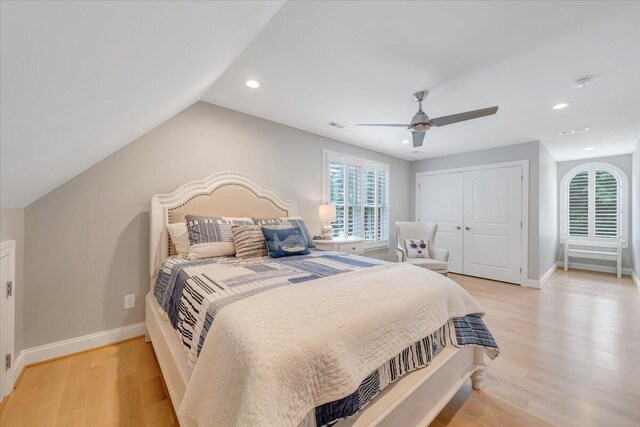 400 Heather Ln, Huddleston, VA 24104 - bedroom with light wood finished floors, multiple windows, a ceiling fan, recessed lighting, and a closet