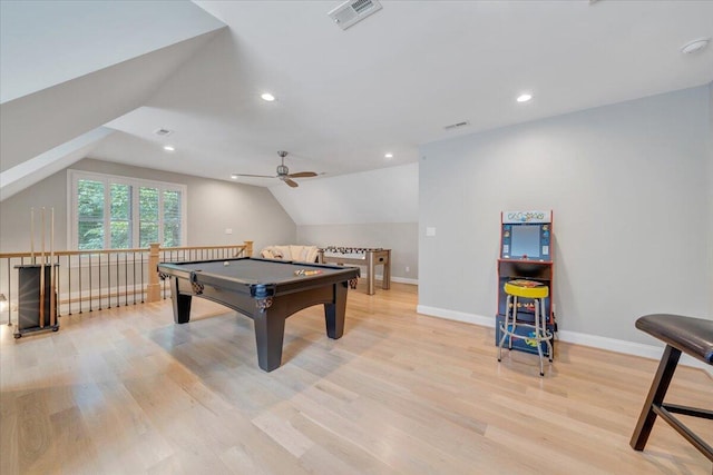 400 Heather Ln, Huddleston, VA 24104 - rec room with vaulted ceiling, light wood-style floors, ceiling fan, baseboards, and billiards table