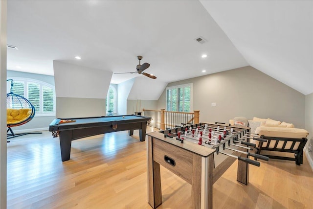 400 Heather Ln, Huddleston, VA 24104 - recreation room with healthy amount of natural light, a ceiling fan, light wood-type flooring, vaulted ceiling, and recessed lighting