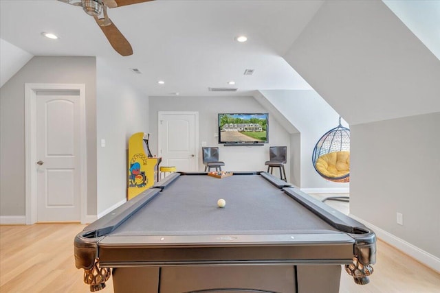 400 Heather Ln, Huddleston, VA 24104 - recreation room featuring light wood-style floors, baseboards, vaulted ceiling, ceiling fan, and recessed lighting
