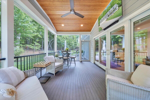 400 Heather Ln, Huddleston, VA 24104 - sunroom featuring a ceiling fan, an outdoor hangout area, and outdoor dining area