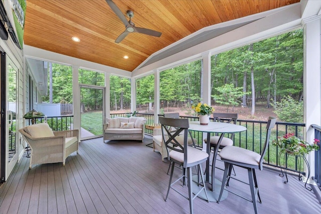 400 Heather Ln, Huddleston, VA 24104 - sunroom featuring ceiling fan, outdoor lounge area, lofted ceiling, outdoor dining space, and plenty of natural light