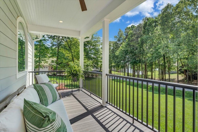 400 Heather Ln, Huddleston, VA 24104 - deck featuring a ceiling fan and a lawn