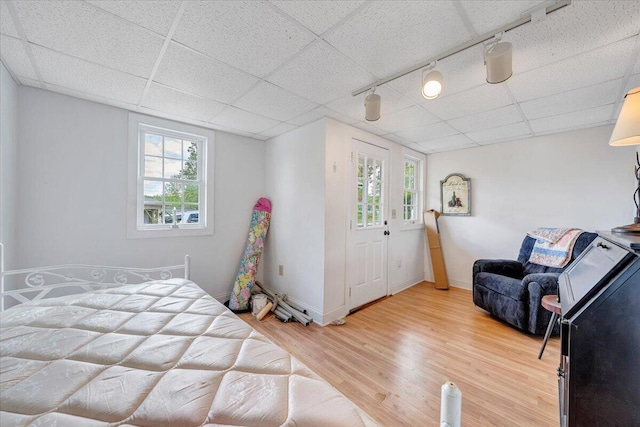 bedroom with rail lighting, multiple windows, a paneled ceiling, and light wood-type flooring
