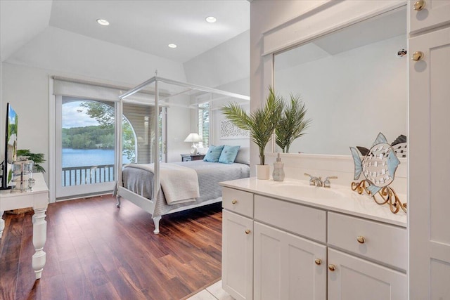 bedroom with a sink, wood finished floors, access to exterior, and multiple windows