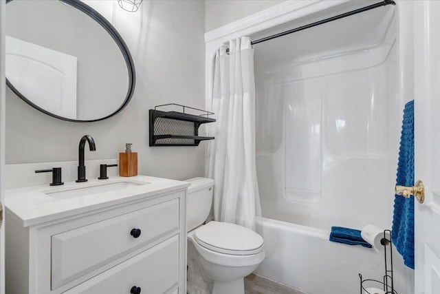 bathroom with shower / bath combination with curtain, toilet, and vanity