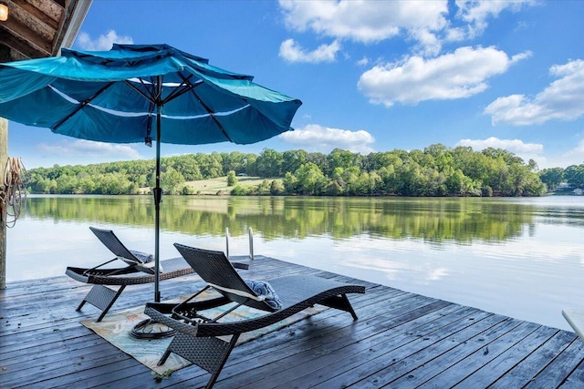 dock area with a wooded view and a water view
