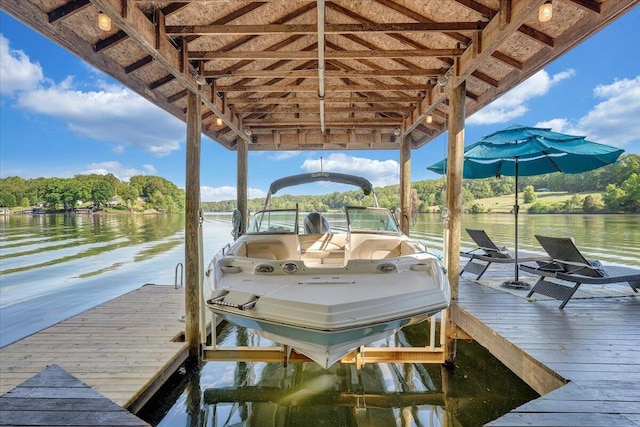 dock area featuring a water view and boat lift