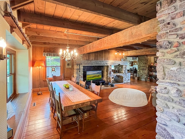 388 Hemlock Ridge Ln, Catawba, VA 24070 - dining room with wood-type flooring, a chandelier, a stone fireplace, beamed ceiling, and wooden ceiling