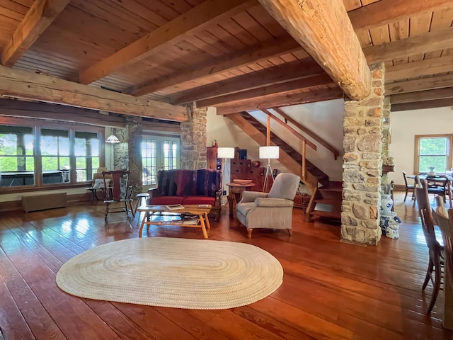 388 Hemlock Ridge Ln, Catawba, VA 24070 - living room with hardwood / wood-style flooring, ornate columns, beamed ceiling, and wooden ceiling