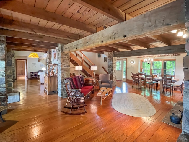 388 Hemlock Ridge Ln, Catawba, VA 24070 - living area featuring hardwood / wood-style flooring, wooden ceiling, stairs, and beamed ceiling