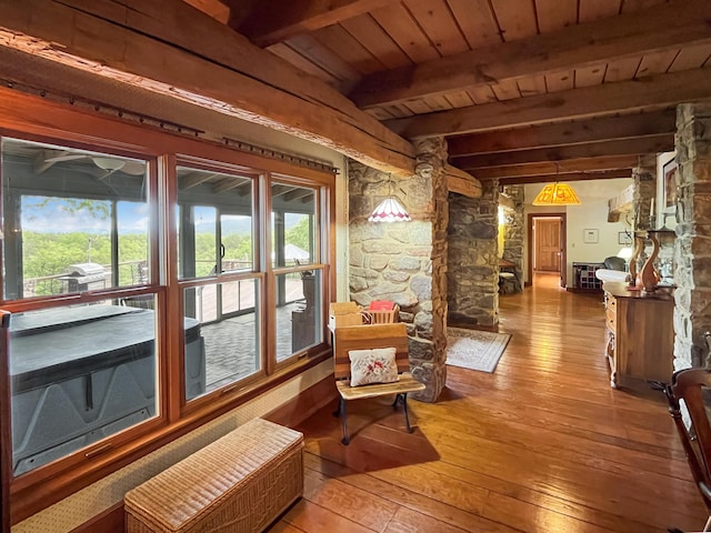 388 Hemlock Ridge Ln, Catawba, VA 24070 - hallway with light wood finished floors, beam ceiling, and wood ceiling