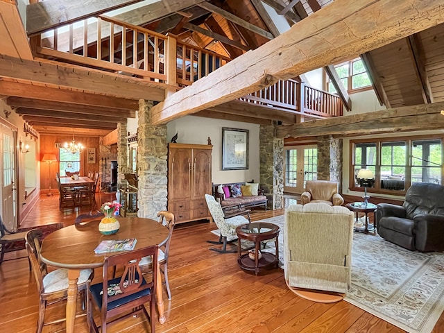 388 Hemlock Ridge Ln, Catawba, VA 24070 - dining space with a chandelier, beam ceiling, hardwood / wood-style flooring, high vaulted ceiling, and plenty of natural light