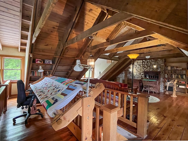 388 Hemlock Ridge Ln, Catawba, VA 24070 - bedroom with hardwood / wood-style floors, wood ceiling, and a stone fireplace
