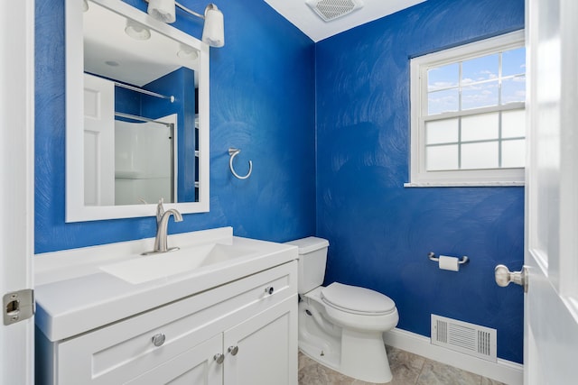 full bathroom with walk in shower, toilet, baseboards, and visible vents