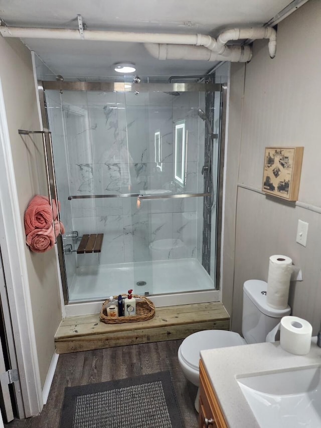 1393 Deepwoods Rd, Hardy, VA 24101 - bathroom with toilet, a stall shower, and wood finished floors