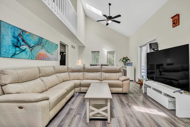 1393 Deepwoods Rd, Hardy, VA 24101 - living area with high vaulted ceiling, ceiling fan, a skylight, and wood finished floors