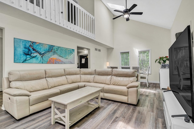 1393 Deepwoods Rd, Hardy, VA 24101 - living area with a ceiling fan, high vaulted ceiling, wood finished floors, and a skylight