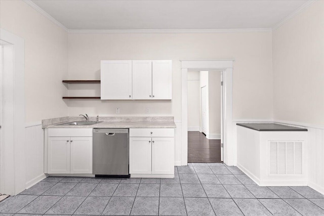 kitchen featuring stainless steel dishwasher, open shelves, visible vents, white cabinetry, and a sink
