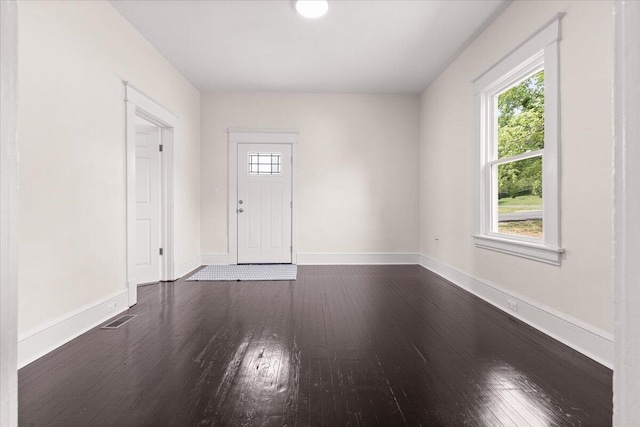 foyer featuring baseboards, plenty of natural light, and dark wood-type flooring