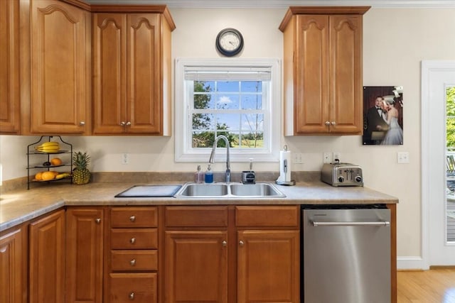330 Sheliah Ct, Blacksburg, VA 24060 - kitchen with a sink, brown cabinetry, light wood-type flooring, light countertops, and stainless steel dishwasher