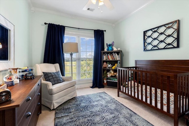 330 Sheliah Ct, Blacksburg, VA 24060 - carpeted bedroom featuring a crib, crown molding, visible vents, and a ceiling fan