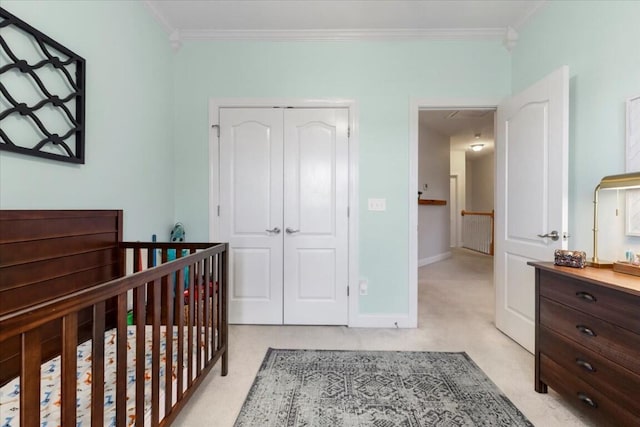 330 Sheliah Ct, Blacksburg, VA 24060 - bedroom featuring light colored carpet, crown molding, a closet, and baseboards