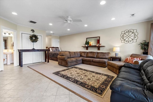 330 Sheliah Ct, Blacksburg, VA 24060 - living area with light tile patterned floors, visible vents, ceiling fan, ornamental molding, and recessed lighting