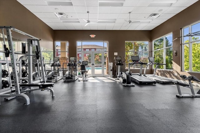 330 Sheliah Ct, Blacksburg, VA 24060 - gym with french doors, visible vents, and a drop ceiling