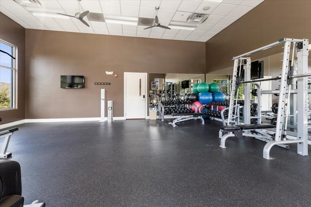 330 Sheliah Ct, Blacksburg, VA 24060 - gym featuring visible vents, baseboards, ceiling fan, and a paneled ceiling