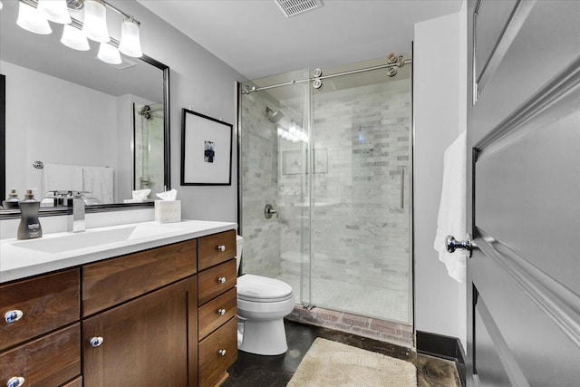 bathroom with visible vents, vanity, toilet, concrete floors, and a stall shower