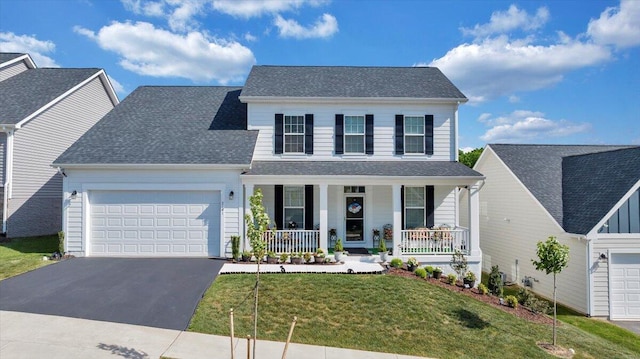 traditional home featuring a shingled roof, a garage, a porch, a front yard, and driveway