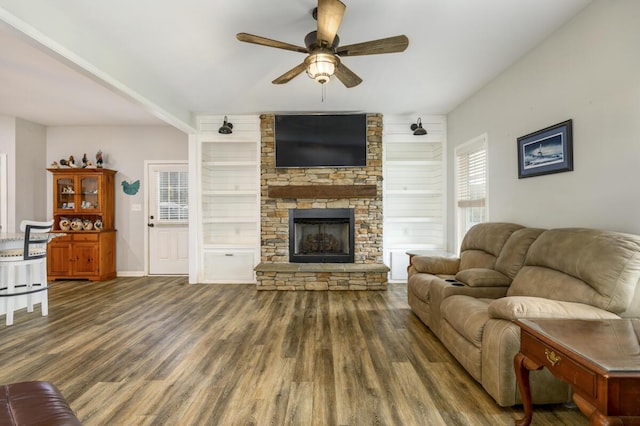 1169 Mountain Creek Ln, Big Island, VA 24526 - living area featuring wood finished floors, ceiling fan, a fireplace, and baseboards