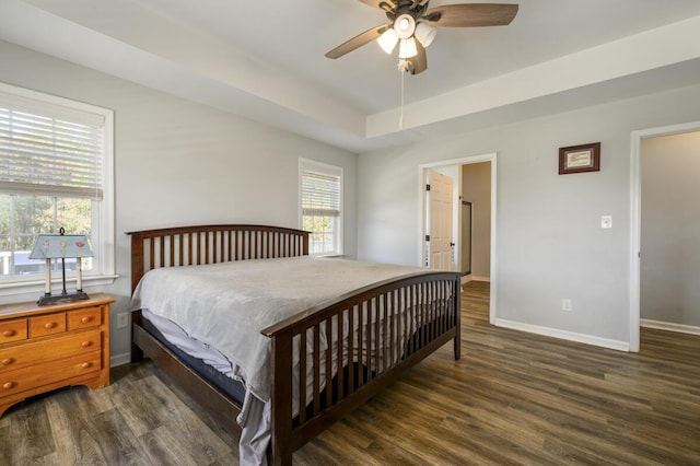 1169 Mountain Creek Ln, Big Island, VA 24526 - bedroom with wood finished floors, baseboards, a tray ceiling, and a ceiling fan