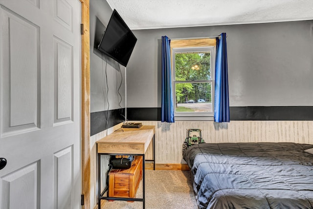 bedroom with carpet floors, a textured ceiling, wood walls, and wainscoting