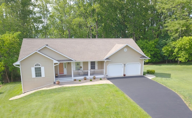 80 Farmers Cir, Moneta, VA 24121 - single story home featuring covered porch, driveway, an attached garage, a front yard, and a shingled roof