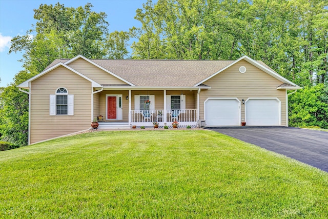 80 Farmers Cir, Moneta, VA 24121 - ranch-style house with covered porch, asphalt driveway, an attached garage, a shingled roof, and a front lawn