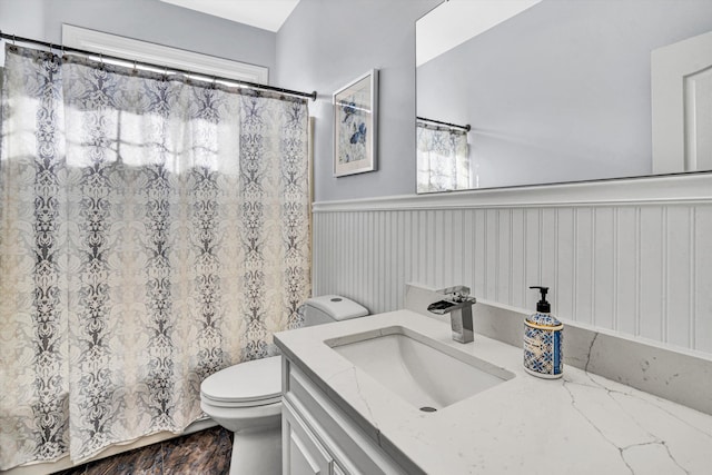 80 Farmers Cir, Moneta, VA 24121 - full bathroom featuring toilet, vanity, wainscoting, and a shower with shower curtain