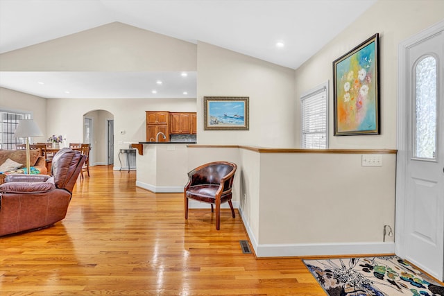 80 Farmers Cir, Moneta, VA 24121 - foyer entrance with arched walkways, vaulted ceiling, light wood-style floors, baseboards, and recessed lighting