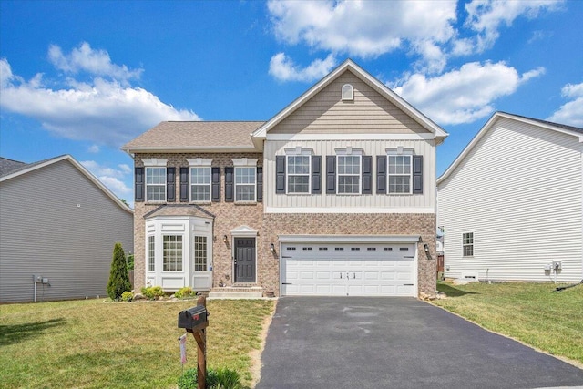 view of front of home featuring an attached garage, board and batten siding, brick siding, and driveway